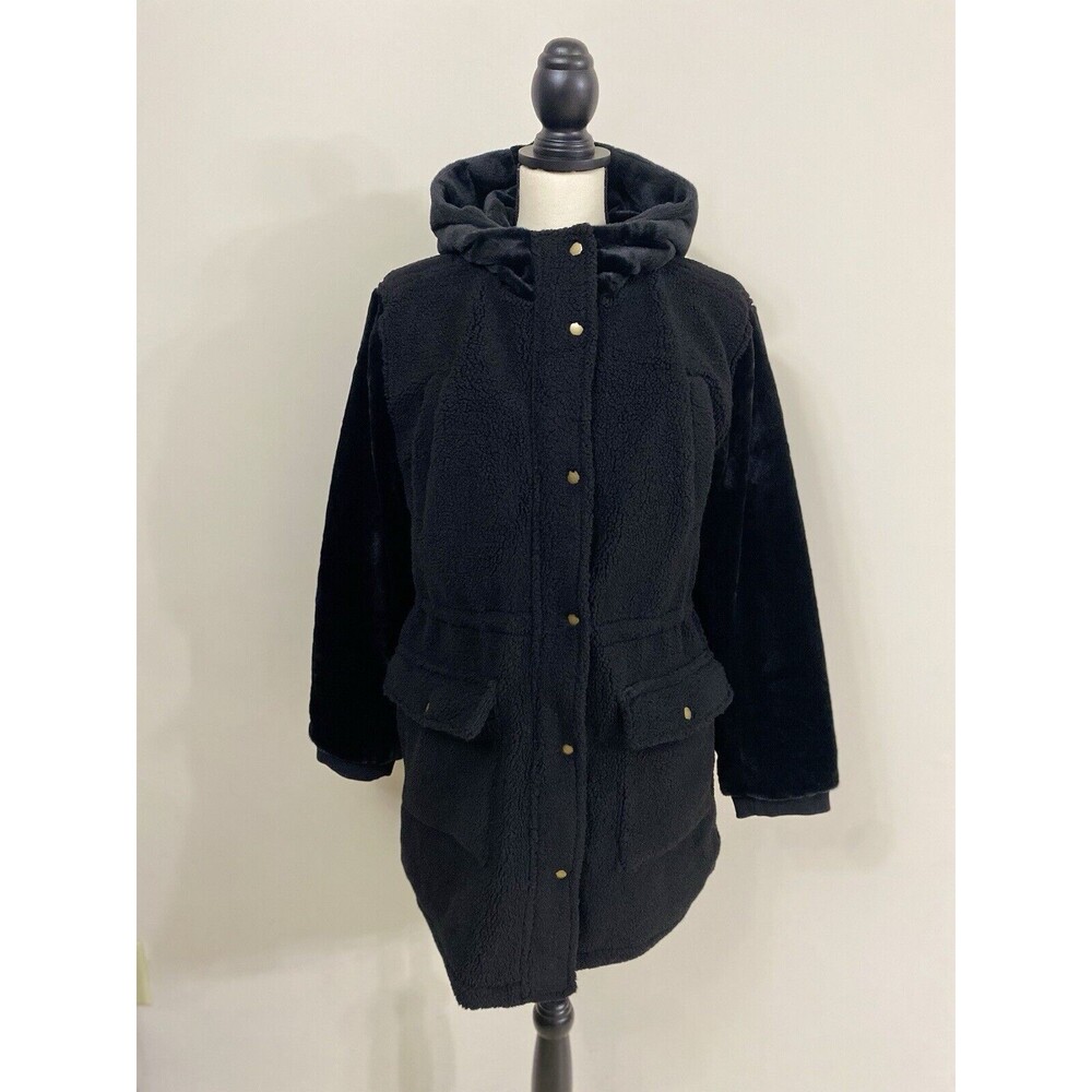 EDEN SOCIETY Women’s Black Sherpa Jacket  Velvet Sleeves and hood NWOT Size L